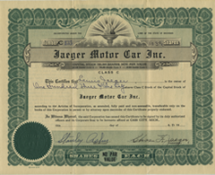 Shares in Jaeger Motor Car certificate